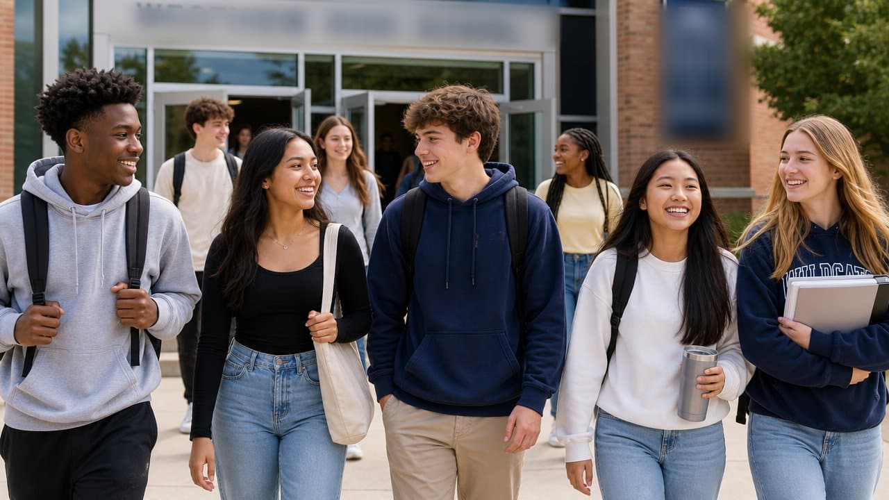 High school students walking together outside their school, backpacks and books in hand